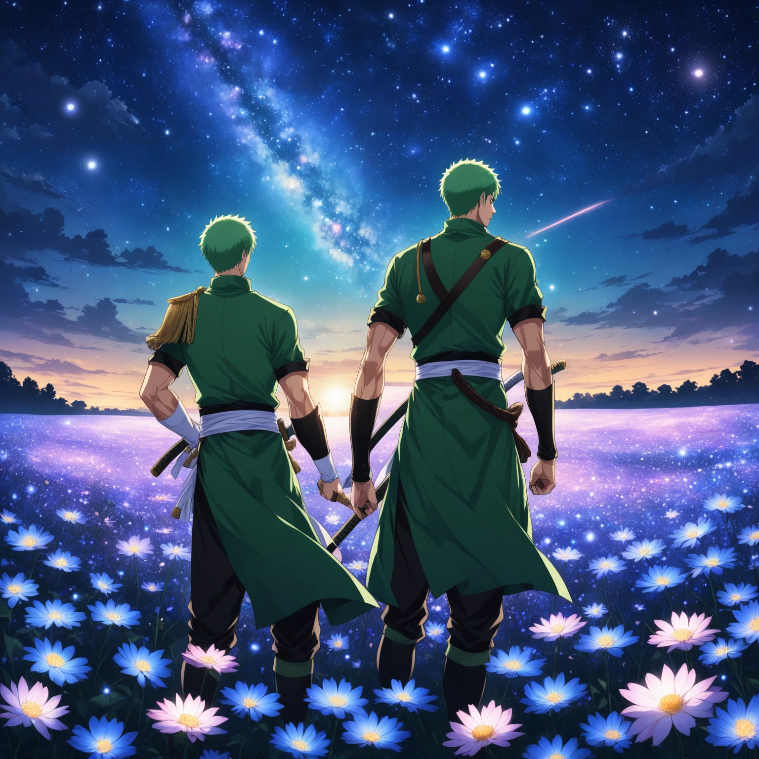 anime Roronoa Zoro, night, blue light behind him, ((Galaxy, Lens flare)), flower field, night sky, cinematic shot. Wallpaper. (Blue color schema), detailed background, a city in the distance