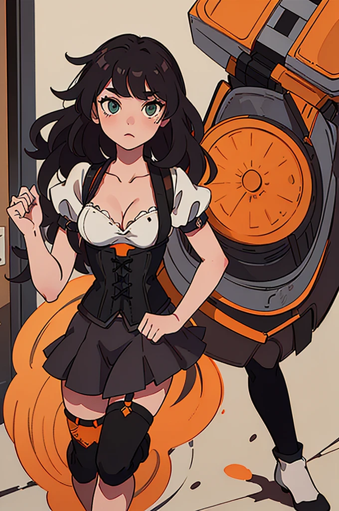 (masterpiece, best quality:1.2), full body, one girl, gray cat ears, green eyes, (dark skin), ((messy medium hair)), gray bra, black tight skirt, ((orange corset)), no background,