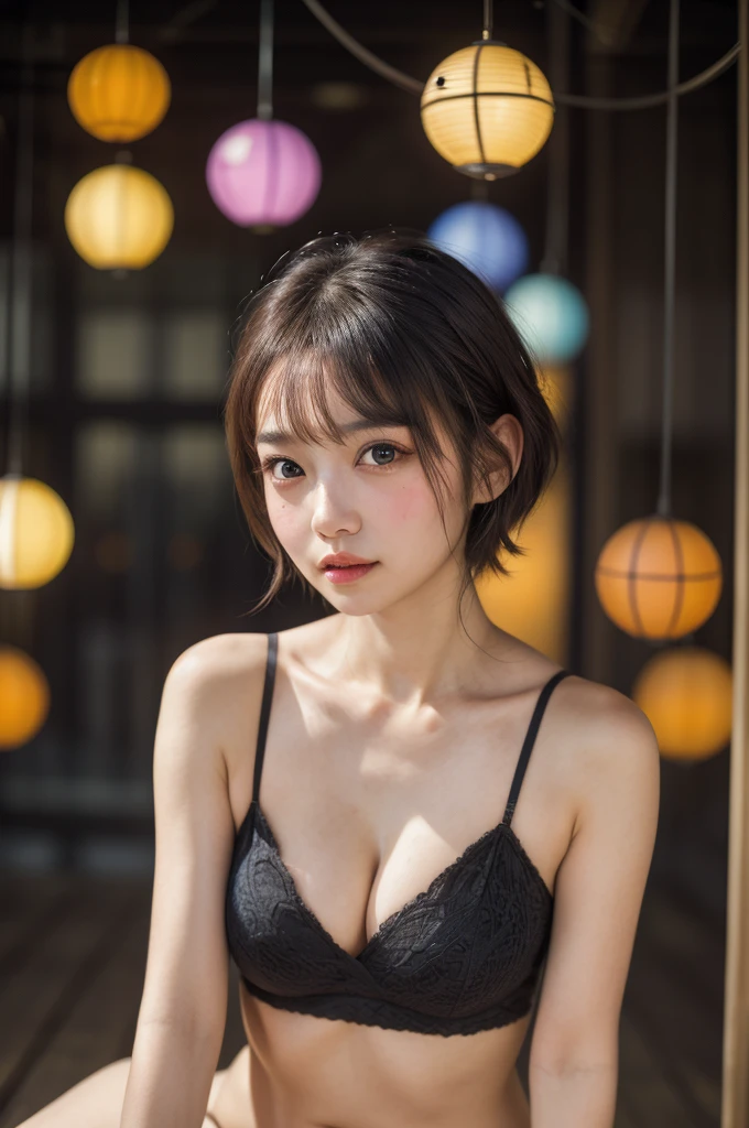 Realistic、(masterpiece、Highest quality、Highest quality、Official Art、beautifully、aesthetic:1.2)、Symmetrical face，Very detailed、woman，short hair，日本人woman，colorful、The finest details、Tangled、(The background is bright and abstract:1.5)、Bright Eyes、Back to all、Masseter region，High resolution，Idol、clavicle、photograph、movie、Eyes from below，Long Hair，View your audience、Cleavage，((Sexy clothes:1.1))，Puffy eyes，((sit))