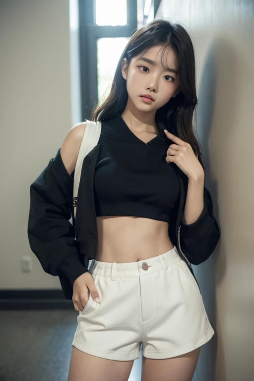 Wear crop tops,Big elementary school student in shorts,Hands over chest