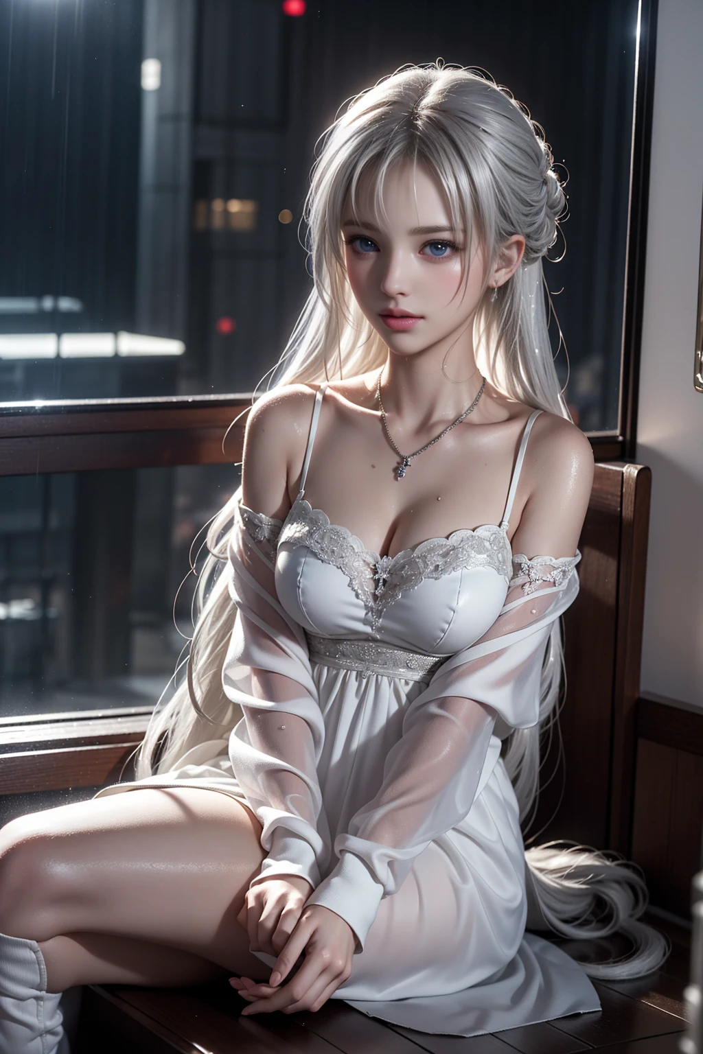 masutepiece, Superb Piece, Daytime, Indoor，sit a chair, Falling flowers, White Dress, 1 girl, A perfect woman, Woman with silver and white long hair, gray blue eyes, pale pink lips, Cold, Serious, Bang, Purple eyes, White clothes, black closing line, Delicate face, Exquisiteface, Standing Bow, tassels, Happiness knot, Smile,Relax on the sofa,open one's legs,White panty，chest protrudes，remove underwear，Shift underwear，