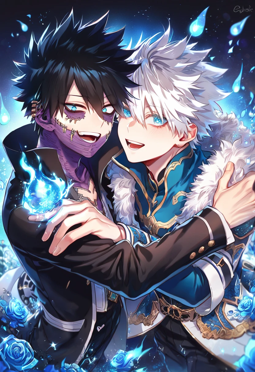(absurdres, highres, ultra detailed, HDR) master piece, best quality, extremely detailed face, delicated features, Dabi, black hair, expressive turquoise eyes, Boku No Hero Academia, Gojou Satoru, white hair, expressive blue eyes, white eyelashes, two sexy men together, yaoi, gay couple, handsome, smile, black coat, blue coat with fur, white pants, black pants, magical fantasy, glittering, sparkling, blue roses, radiant, blue sparkling fireflies, blue fire, envy magical, fantasy