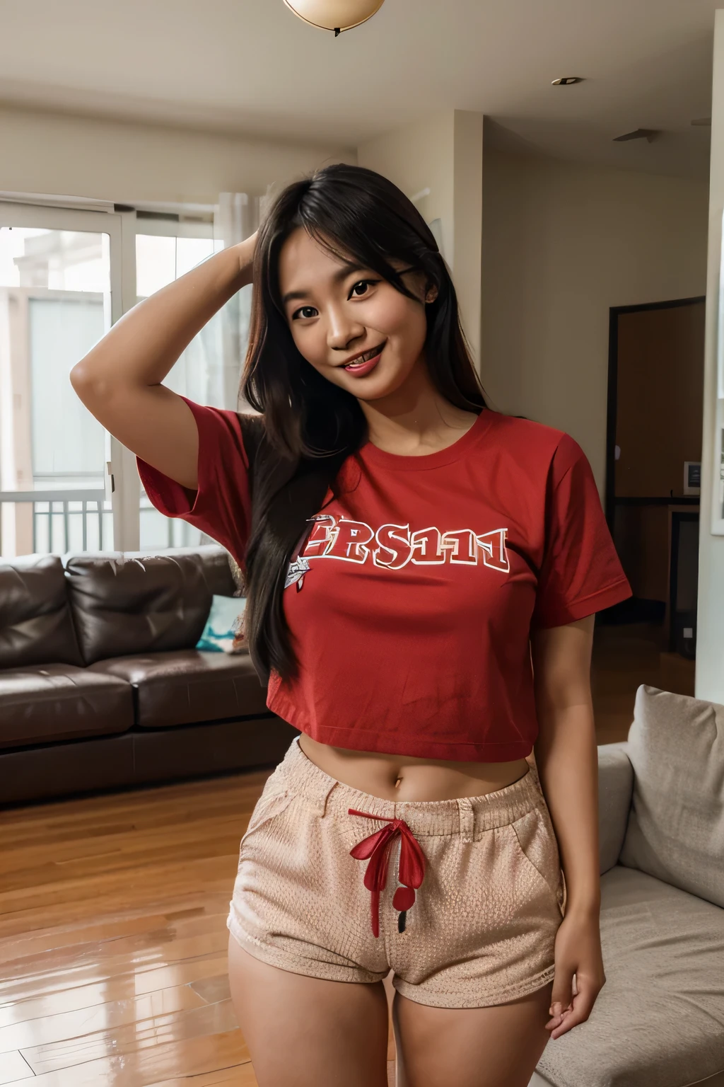 a south-east asian girl, age 30 years old, standing in the living room, smiling. wearing red home casual clothes with shorts. looking at the viewer. high resolution. ultra-realistic.
