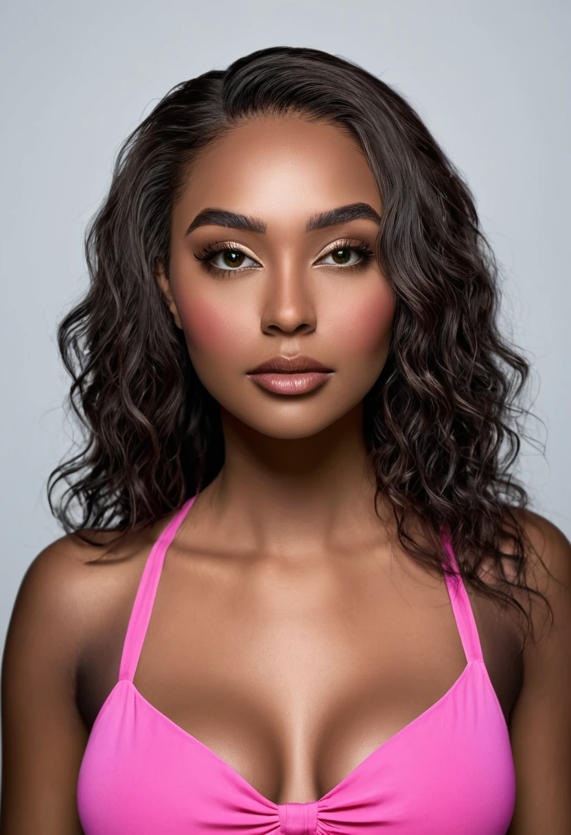 WOMAN wearing pink bikini, pink micro bikini, pink bra, model taking full body photograph. a beautiful woman, beautiful Latin face, Brazilian supermodel, stunning, stunning beauty, Angolan descent, most beautiful woman in the world, jaw-dropping beauty, young adult 30 years old, She has an exotic beauty, native Brazilian, tall woman, a stunning black African woman, with indigenous features, beautiful indigenous girl, ((An indigenous African girl with European ebony)), ((her beauty is undeniable)), beautiful young black woman with dark skin, tanned Mexican. *hair: Curly black hair with brown highlights, Voluminous black hair with brown highlights, vibrant and dynamic cut with soft waves. *eyes: green and expressive eyes, beautiful green eyes, realistic green eyes, detailed green eyes, ultra-realistic, symmetrical, hyper-realistic, (eyeliner, long eyelashes), intense and penetrating look, seductive, mysterious and charming look, look of magnetism, attraction and fascination. * Eyebrows: Perfect eyebrows that arch gracefully above the eyes and are thick. * the nose is small and proportional to the face and the soft contour of the face that accentuates the high cheekbones. *Mouth: Attractive and irresistible mouth, well-defined lips, full lips, voluminous lips, seductive lips, captivating, striking, unforgettable, mischievous, sexy, your features are captivating, seductive expression, a seductive smile is enigmatic *Face shape: O the face is oval, with high cheekbones and a well-defined chin, a beautiful and detailed face. *Makeup: Makeup is subtle, but highlights natural features. Skin tone: Olive skin, healthy and even glow, with olive skin, dark skin, sexy girl with olive skin, detailed skin texture, beautiful and glowing skin, intricate details, smooth skin, healthy and radiant appearance. *body: attractive and slim woman, large bust, large breasts, athletic, thin waist, wide hips, big ass, thick thighs, shapely legs. Art: 1.2, best quality), 8k, realistic, RAW.