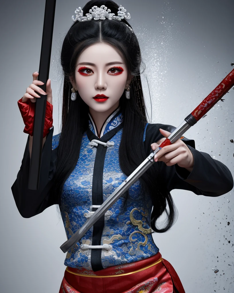 Color Ink Splashing, best quality,masterpiece,highly detailed,ultra-detailed,   beijing opera, solo, 1girl, black hair, makeup  ,fighting stance, holding weapon, portrait, 
<f