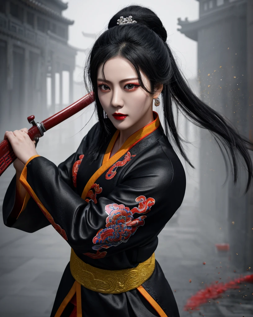 Color Ink Splashing, best quality,masterpiece,highly detailed,ultra-detailed,   beijing opera, solo, 1girl, black hair, makeup  ,fighting stance, holding weapon, portrait, 
<f