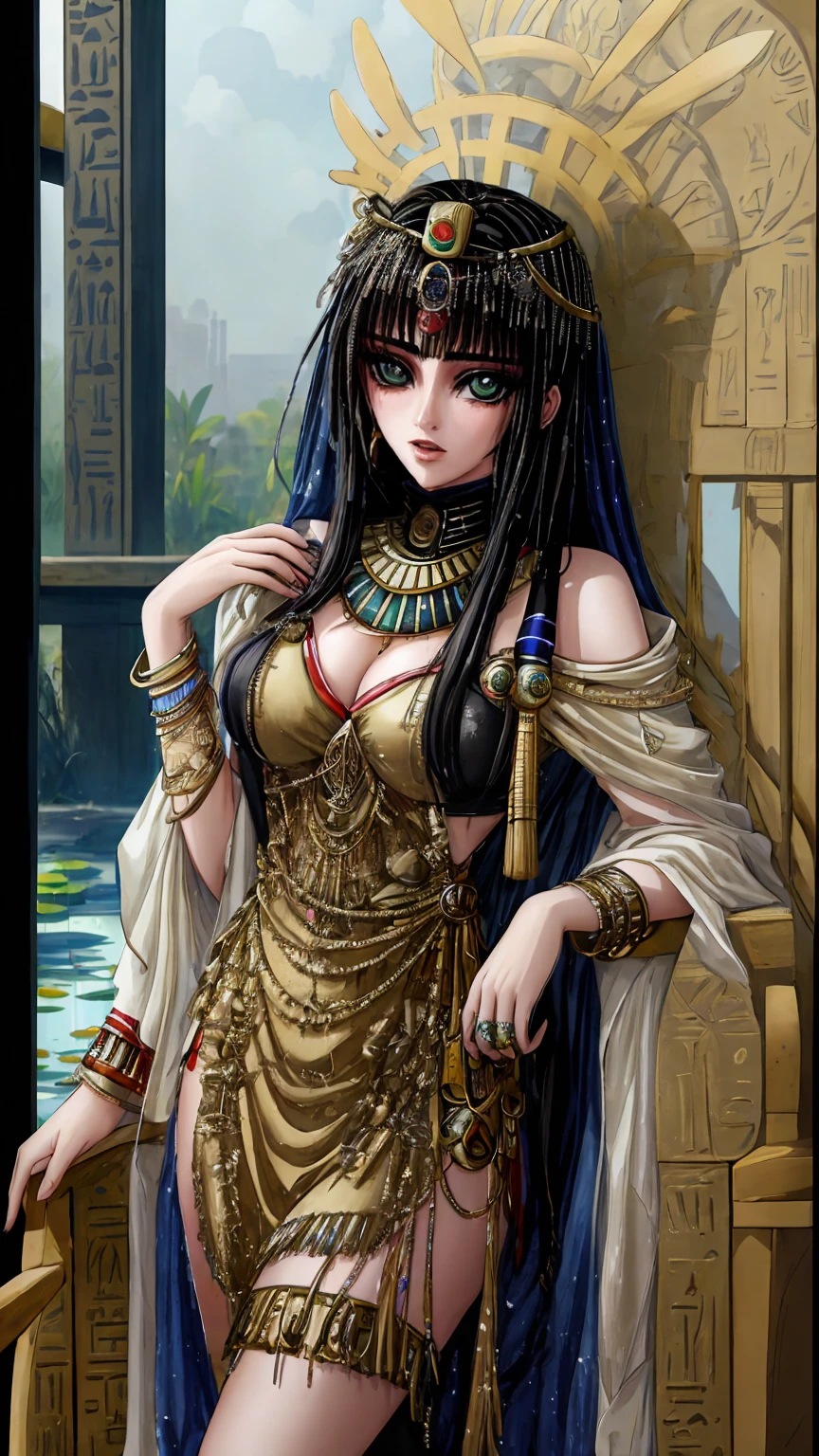 [((A young and beautiful Egyptian girl with straight blonde hair and emerald eyes is standing by a lotus pond. She is dressed in traditional Egyptian clothing, with a focus on intricate details and a regal appearance. The girl has an exquisite face and smooth, fair skin, and is wearing Egyptian eyeliner to accentuate her eyes. The image is rendered in ultra-high quality, with a focus on realistic and detailed CG art. The overall effect is that of a beautiful and welcoming image, perfect for showcasing the beauty of Egyptian culture.)))]