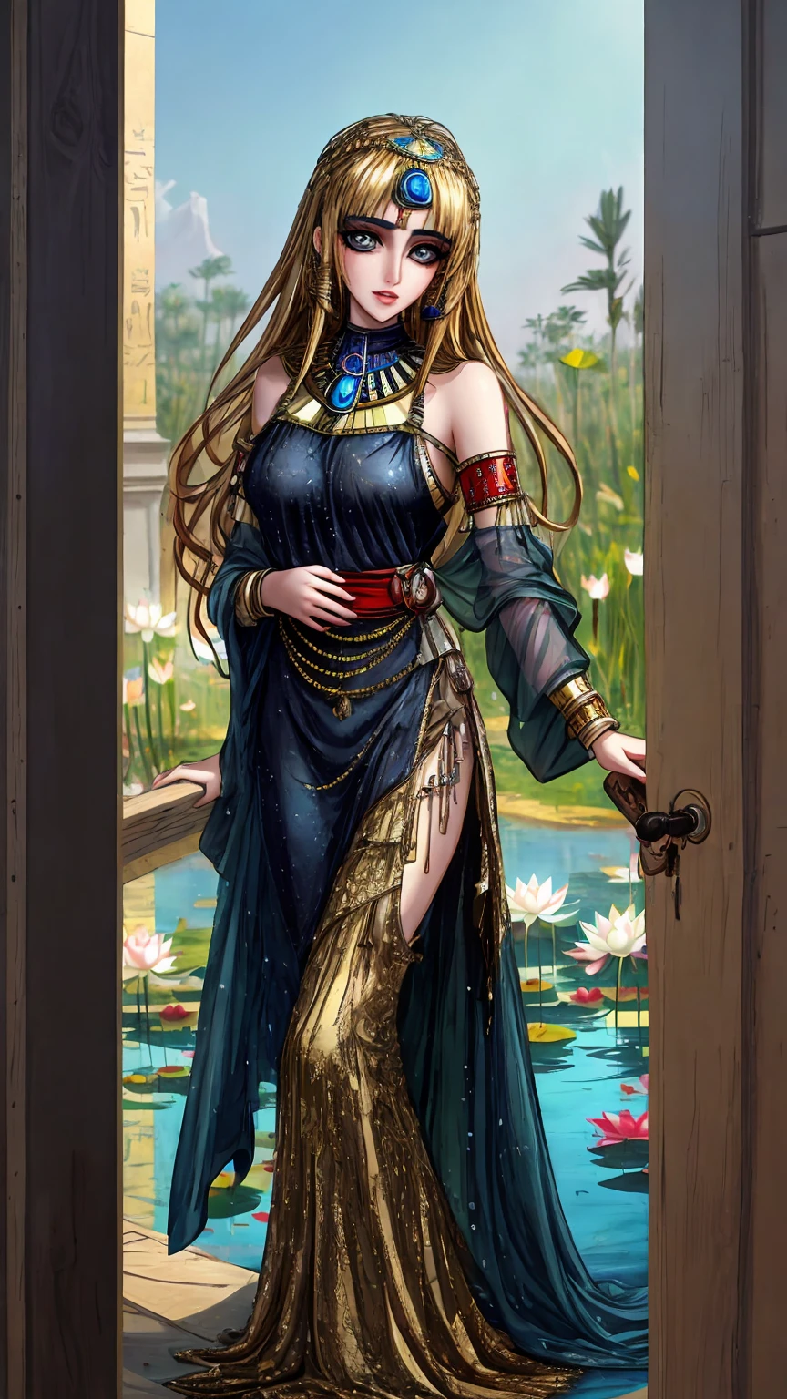 [((A young and beautiful Egyptian girl with straight blonde hair and emerald eyes is standing by a lotus pond. She is dressed in traditional Egyptian clothing, with a focus on intricate details and a regal appearance. The girl has an exquisite face and smooth, fair skin, and is wearing Egyptian eyeliner to accentuate her eyes. The image is rendered in ultra-high quality, with a focus on realistic and detailed CG art. The overall effect is that of a beautiful and welcoming image, perfect for showcasing the beauty of Egyptian culture.)))]