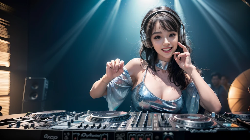 (ultra - detailed, 16K resolution, Cinema lenses, rendering by octane), (high resolution:1.18), intricate detail, (masterpiece:1.1), (highest quality:1.1), (1girl, portrait, white hair, blue eyes, short hair, detailed eyes),Wearing silver DJ headphones, Shiny silver sequined T-shirt, (on the beach:1.5), (Iconic hip-hop pop costumes:1.3), Smile while DJing on stage, in the beach, full body shot, Photorealistic photography by Sunshine, (cute round face:1.3), perfect fingers, five fingers, beautiful hands, perfect hands. master peace, cute smile.