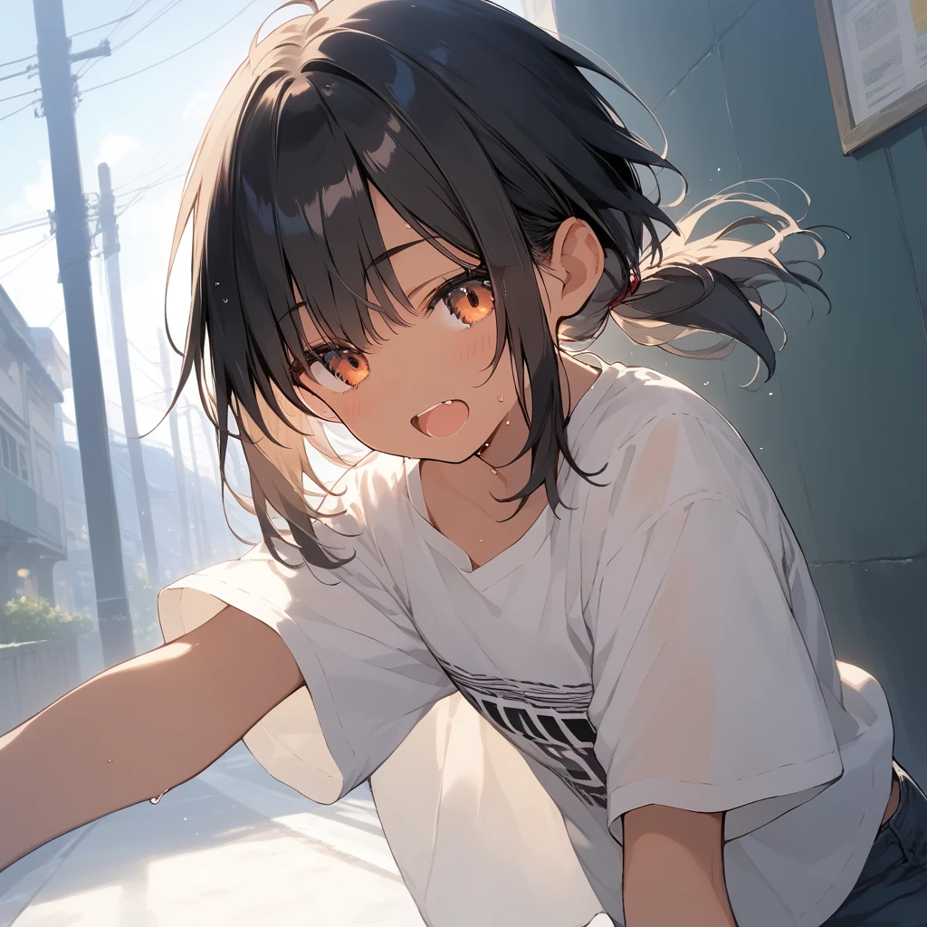score_9, score_8_up, score_7_up, source_anime, best quality, masterpiece, official art, absurdres, highres, ultra-detailed,waifu2x,Collection: Slice of Life,break,1girl, tomboy, dark-skinned female, short hair, low ponytail, flat chest, beautiful detailed eyes, short shorts, sweat, open mouth, (yawn:0.3), sleepily, outdoors, wind,break,(clear line illustration:1.2), super detailed skin,very high resolution, very aesthetic, Best sexual lighting powered by famous artist, 8k,cute picture,beauty illustration,photoshop_(medium),,(Detailed Lighting),best anime 8k konachan wallpaper, pixiv contest winner,
