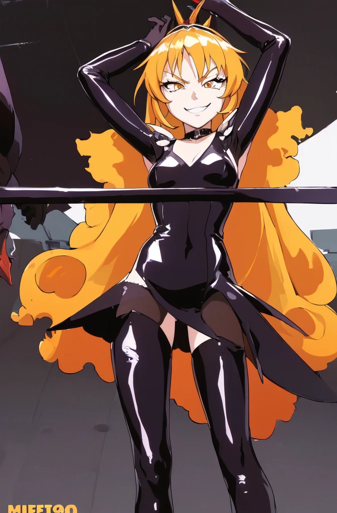 pixy_misa, orange_eyes, blonde_hair, long_hair, headdress,((masterpiece,best quality)),(Highest_quality:1.0), 超High resolution,4k,Super detailed, photo shoot, 8K, HDR, High resolution,looking down at viewer,evil smirk,latex,thighhigh boots,(illustration:1.3),(extremely detailed:1.3),(highly detailed:1.2),(best quality:1.2),(masterpiece:1.2),(extremely detailed 8K wallpaper:1.2),(highres:1.3),(photorealistic:1.1),,A face full of evil,Too evil ridicule,two legs,look down at viewer,,two hands,five fingers,glossy latex,