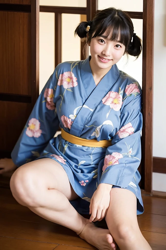 girl in ryokan on school trips,long-sleeved floral yukata,18-year-old,bangs,a little smile,thighs,knees,short hair with low pigtails bunches,from below,front light
