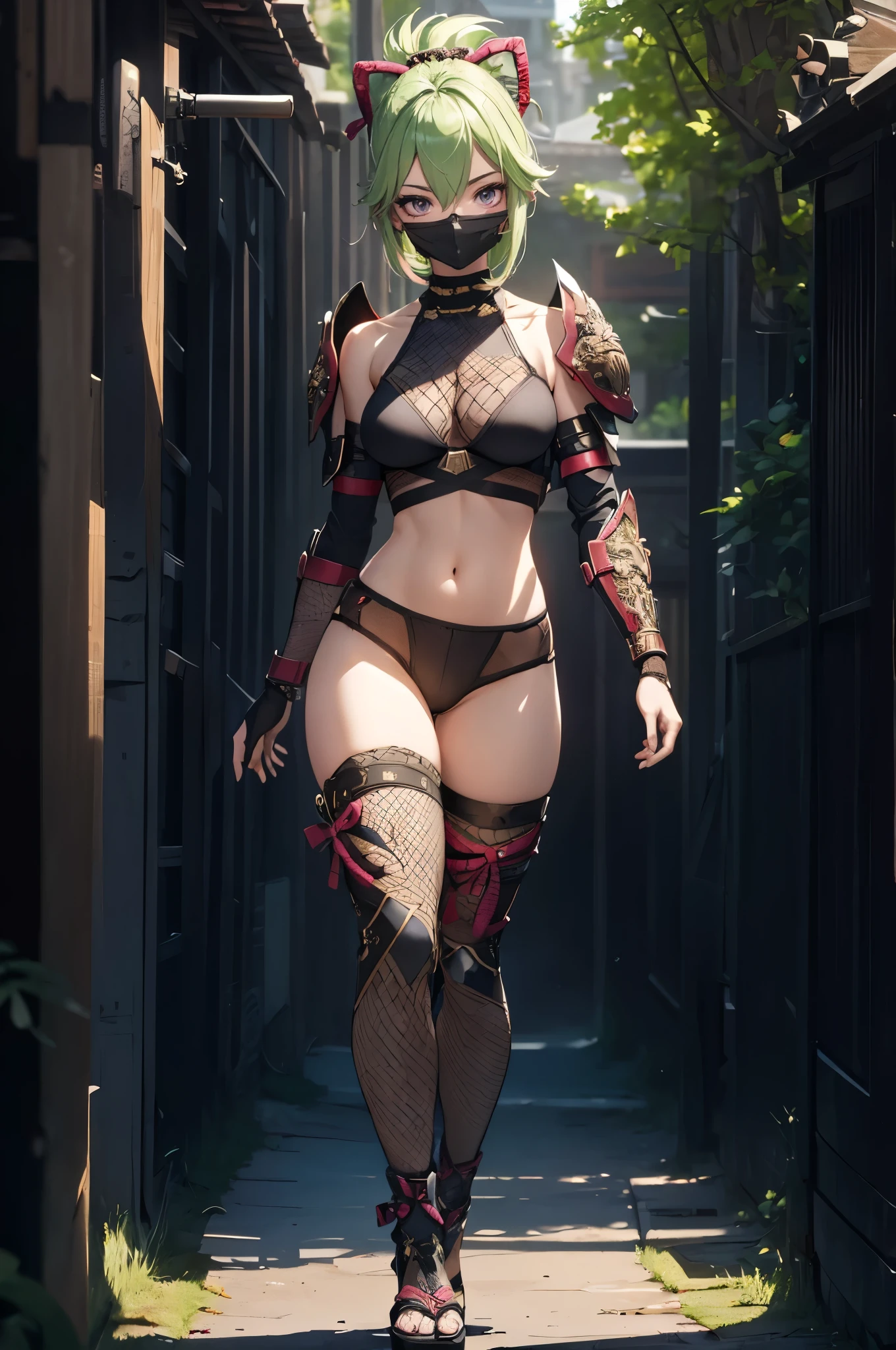 ((1girl, solo)), (((cowboy shot))), (legs apart:1.5), standing, beautiful body, (perfect anatomy, perfect body, perfect hands, perfect legs), natural proportions, sexy body, (large breasts:1.5), (full body, full-body shot, full body front:1.5) BREAK

((extremely detailed face)), (beautiful detailed eyes:1.6), (realistic pupils, realistic iris:1), expressive eyes, looking at viewer, (clear eyes:1.3), (hyperrealistic:1.2), (detailed skin texture:1.2), smooth skin, kuki shinobu, purple eyes, green hair, ((mouth mask)), perfect face, perfect eyes BREAK

ninja, (fishnet top:1.5), (crop top:1.5), cleavage, (cropped jacket:1.5), (shoulder armor:1.5), (arm guard:1.5), partially fingerless gloves, midriff,  black panties, ((black thighhighs)), (((greaves))), sandals, (revealing clothes:1.5), (japanese armor:1.5), (samurai armor), (highleg panty straps:1.4), tassel, thighs, ass visible through thighs BREAK

outdoor, day, japanese building, east asian architecture BREAK 

(masterpiece:1.5), anime-style, top quality, best quality, (beautiful and aesthetic:1.2), (ultra detail:1.5), Ultra-detailed depiction, Ultra-precise depiction, extremely detailed 8k illustration, high resolution, (highly detailed shading:1.2), (realistic lighting:1.4), perfect lighting, vibrant colors, dynamic tones, striking hues, 8k, absurd resolution, perfect shadows, hdr, UHD, ambient lighting, realistic, ultra-realistic, photo realistic, highly detailed, rich detail, luminous colors, fine texture, intricate design, professional illustration, (soft light:1.2), (illustration:0.7)