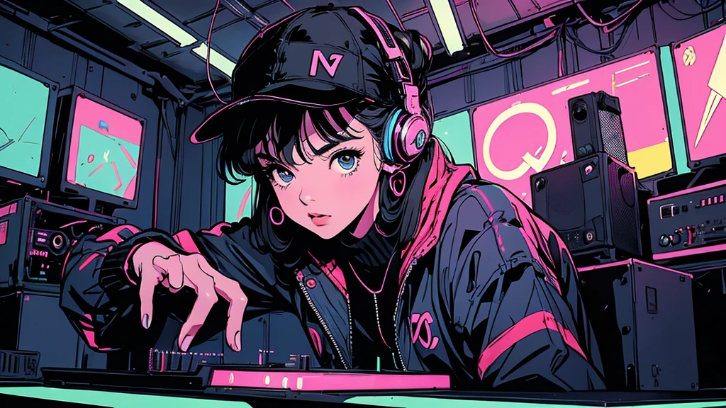 Battle DJ girl in HIPHOP fashion wearing DJ headphones,Front view , Turntablist, DJ Scratch, Two large LED-illuminated speakers on each side, Immerse yourself in a neon-lit environment, In front of her is a music mixer and a turntable.、A record is placed on the turntable,ターンテーブルはTechnics SL-1200MK7, JQBert,