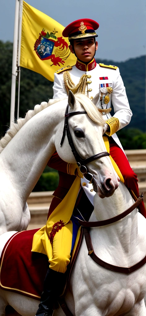 Elegant slim soldier man riding elegant white horse with yellow, blue and red Venezuela flag