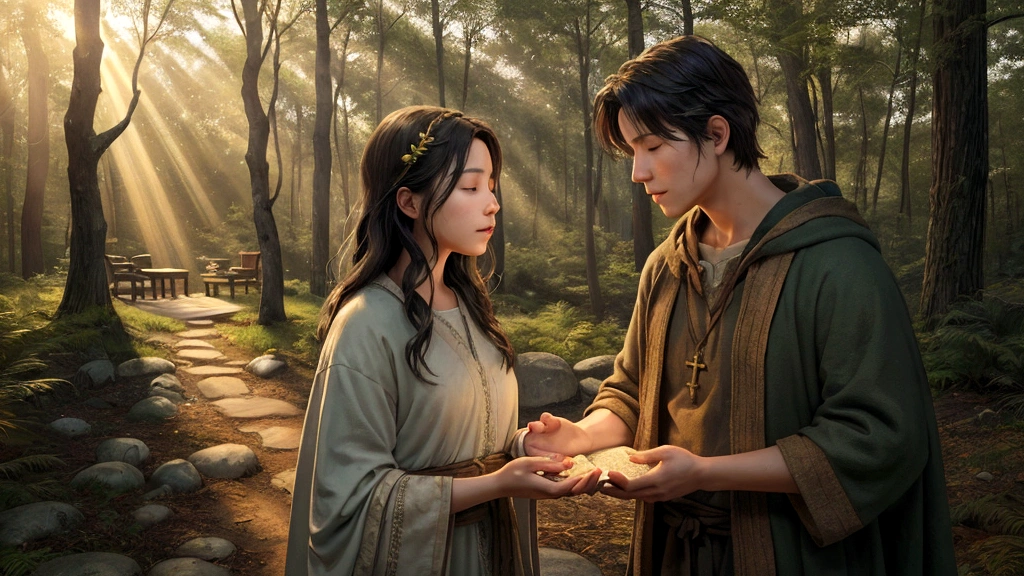 "Description: Illustrate a serene scene from ""The Shack,"" depicting the protagonist's encounter with the triune God in a rustic shack nestled in a tranquil forest setting. Show the central character engaged in deep conversation with representations of the Father, Son, and Holy Spirit, symbolizing themes of divine love, healing, and reconciliation.

Details: Use warm, inviting colors and natural elements to evoke a sense of peace and spiritual intimacy. Include subtle symbolic elements such as an open Bible, a cross, and rays of light breaking through the trees to signify the presence of God. This visual should capture the essence of personal transformation and spiritual awakening portrayed in the novel."