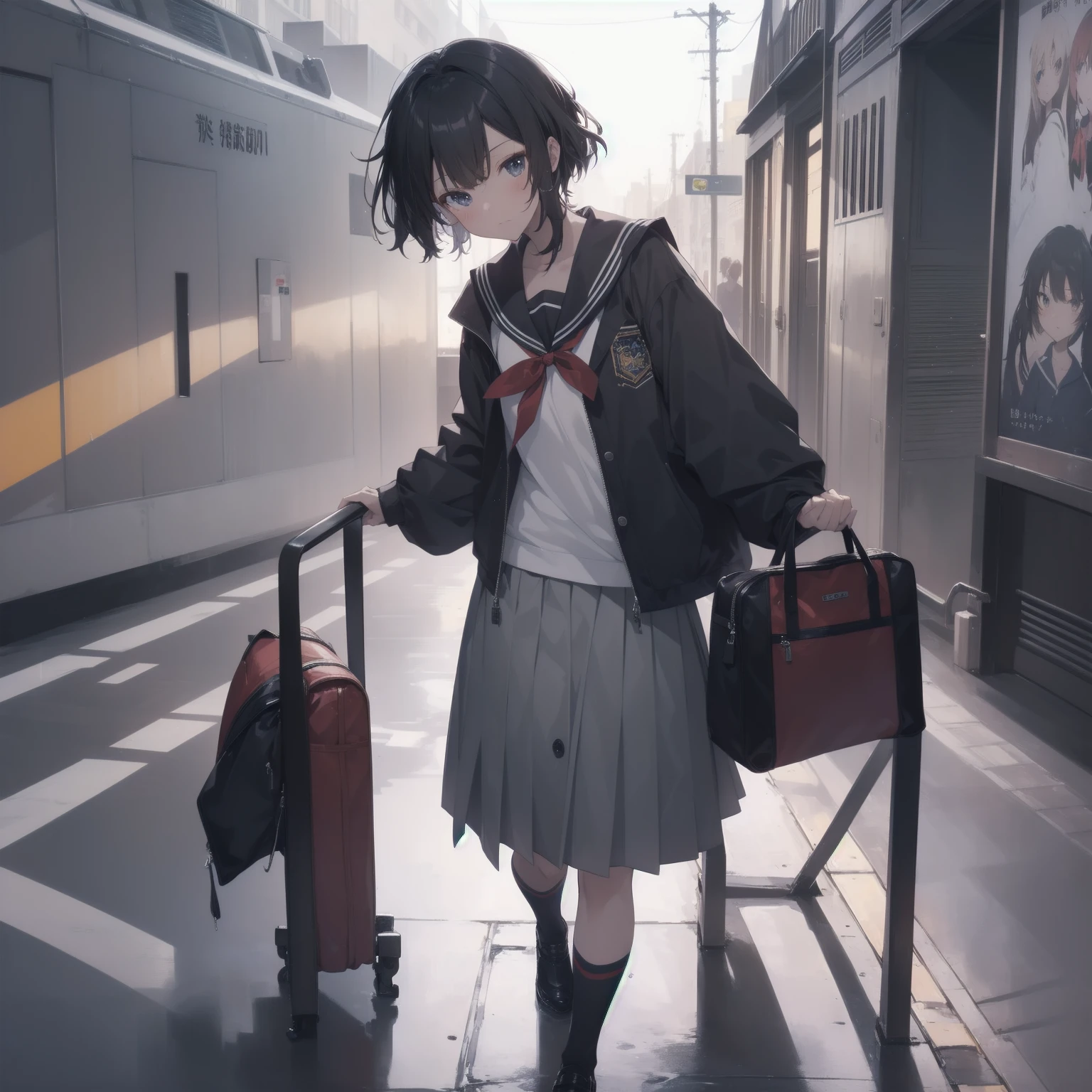 ultra-absurdres-Top quality by artist God, ultra-detailed, high resolution, anime moe artstyle, best anime 8k konachan wallpaper, pixiv contest winner, pool:2810, perfect anatomy,break, 1girl, (Please draw a girl walking sleepily to school alone. )break,(Solo,little female, 13-year-old:1.3),Full limbs, complete fingers,a junior high school student, (very short hair), short cut, flat chest, , small butt, small black eyes, beautiful detailed eyes, well-proportioned iris and pupils, expressive eyes, highres detailed hair, soft expression, salor school_uniform, sailor collar, serahuku, bow, pleated skirt,(Detailed Lighting), (Detailed background), in the School commute route. break,dewy skin, perspiration on the skin,skin texture, fine lines, pores, natural imperfections,light reflections, glossy skin, shiny skin,break, Best cinematic lighting powered by famous artist, 8k,beauty illustration,photoshop_(medium),very aesthetic,break,((artist:enkyo_yuuichirou )), artist:clamp ,artist:carnelian ,artist:kantoku ,