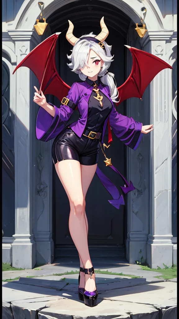 score_9, score_8_up, score_7_up, score_6_up, score_5_up, score_4_up, source_anime , colettetrixie, red skin, sharp teeth, hair over one eye, hairband, demon horns, colored sclera, purple shirt, purple shorts, demon wings, high heels, black high heels