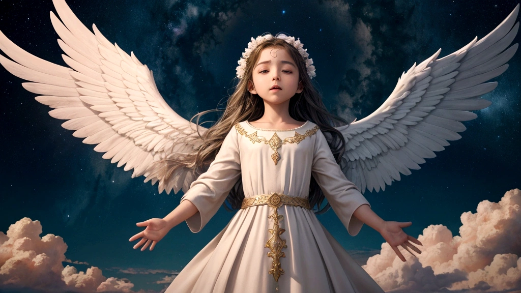 (adorable little angel:1.5),(desenho animado:1.3),(Sky with starry clouds:1.2)