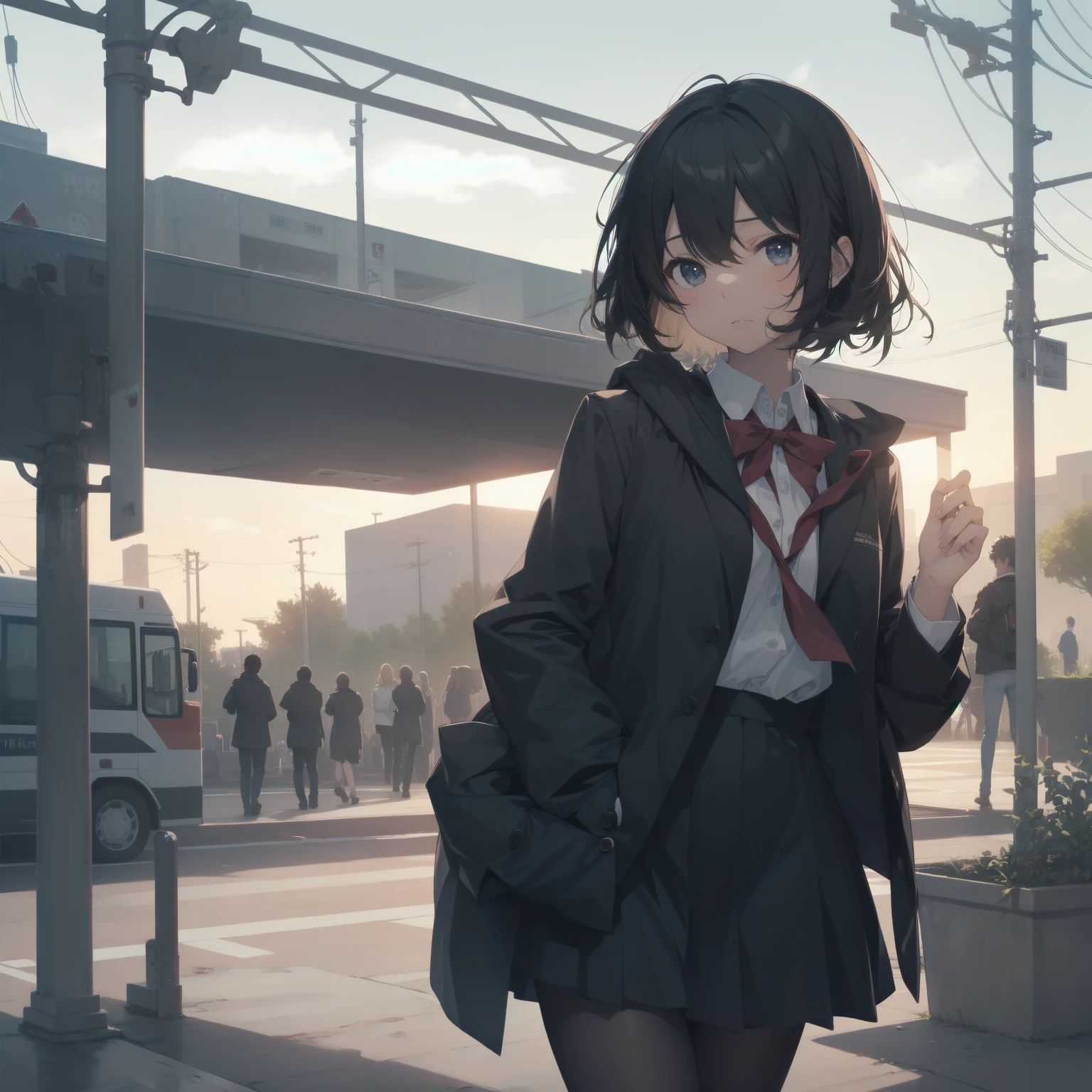 ultra-absurdres-Top quality by artist God, ultra-detailed, high resolution, anime moe artstyle, best anime 8k konachan wallpaper, pixiv contest winner, pool:2810, perfect anatomy,break, 1girl, (Please draw a girl walking sleepily to school alone. )break,(Solo,little female, -yeld:1.Full limbs, complete fingers,a junior hihort hair), short cut, flat chest, , small butt, small black eyes, beautiful detailed eyes, well-proportioned iris and pupils, expressive eyes, highres detailed hair, soft expression, salor school_uniform, sailor collar, serahuku, bow, pleated skirt,(Detailed Lighting), (Detailed background), in the School commute route. break,super detailed skin, Best cinematic lighting powered by famous artist, 8k,beauty illustration,photoshop_(medium),very aesthetic,break,((artist:enkyo_yuuichirou )), artist:clamp ,artist:carnelian ,artist:kantoku ,