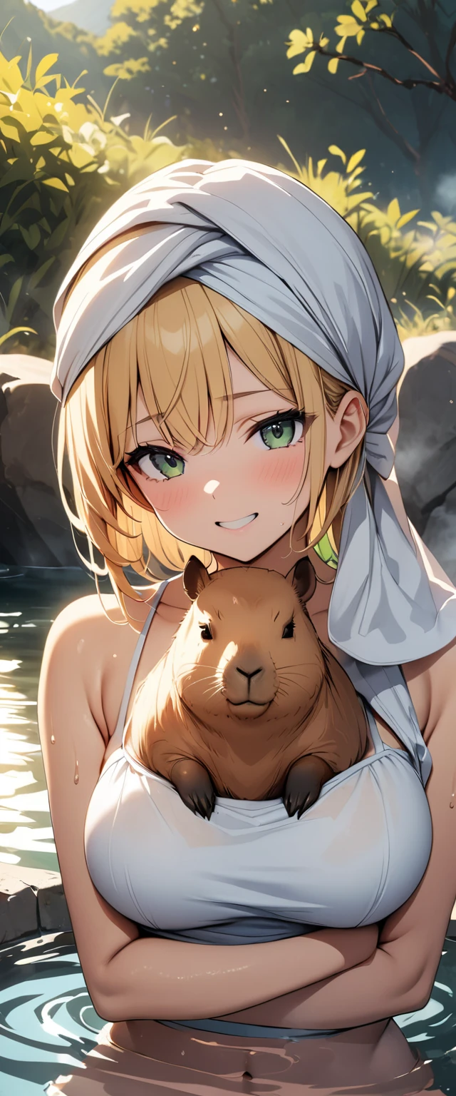 ((masterpiece, Highest quality, High resolution)), ((Highly detailed CG integrated 8K wallpaper)), Capybara, Relax in the hot springs, Wrap a towel around your head and soak in hot water,