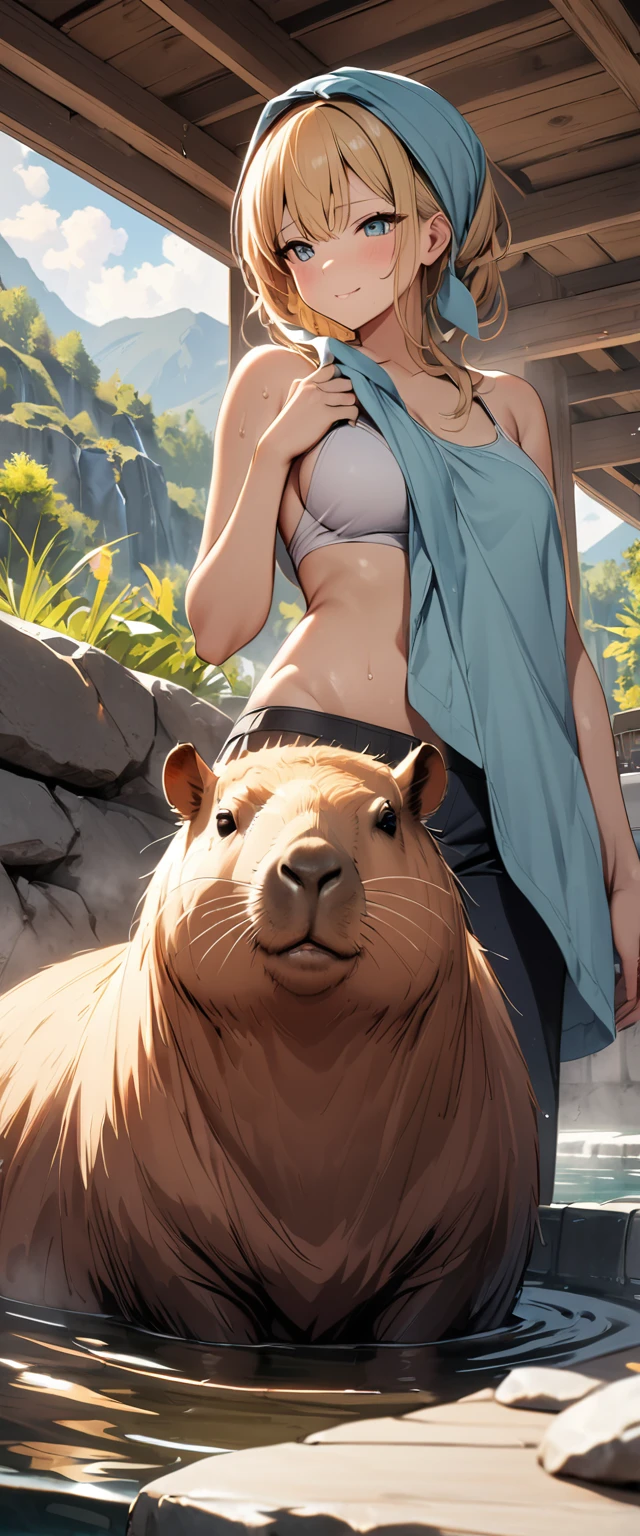 ((masterpiece, Highest quality, High resolution)), ((Highly detailed CG integrated 8K wallpaper)), Capybara, Relax in the hot springs, Wrap a towel around your head and soak in hot water,
