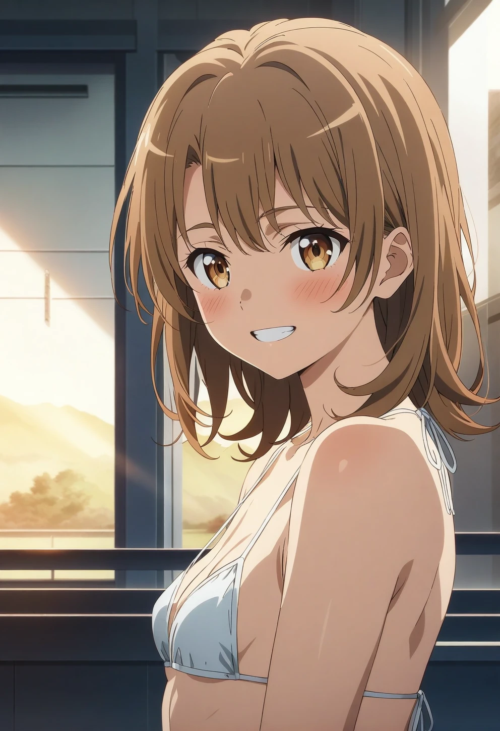 best quality, amazing quality, very aesthetic, absurdres, (1girl, isshiki iroha, yahari ore no seishun lovecome wa machigatteiru, brown hair, brown eyes), (realistic face:0.9),(string bikini:1.8),dress lift, (grin, blush, thigh:1.3), (cowboy shot), (glowing eyes), (half closed eyes:0.9), (from side:2), (official art:1.3), (pool), expressive eyes, perfect face, 4k, extremely detailed anime illustration, extremely detailed eyes, perfect anatomy, light rays, extremely delicate body, smooth skin, (anime background:1.5), clear eyes, beautiful face, small breasts,(anime style:1.7), (Warm Light:1.5), (highres:2),