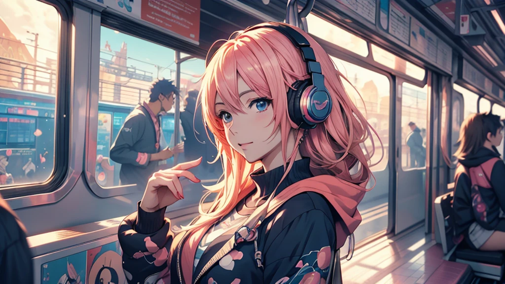 Woman wearing headphones, Anime Style 4 k, anime wallpaper 4k, anime wallpaper 4k, 4k anime wallpaper, anime art wallpaper 4k, anime art wallpaper 4k, Anime Style. 8K, Anime atmosphere, , Ultra HD Anime Wallpaper, Anime Art Wallpaper 8K, Anime Background,landscape、on the train