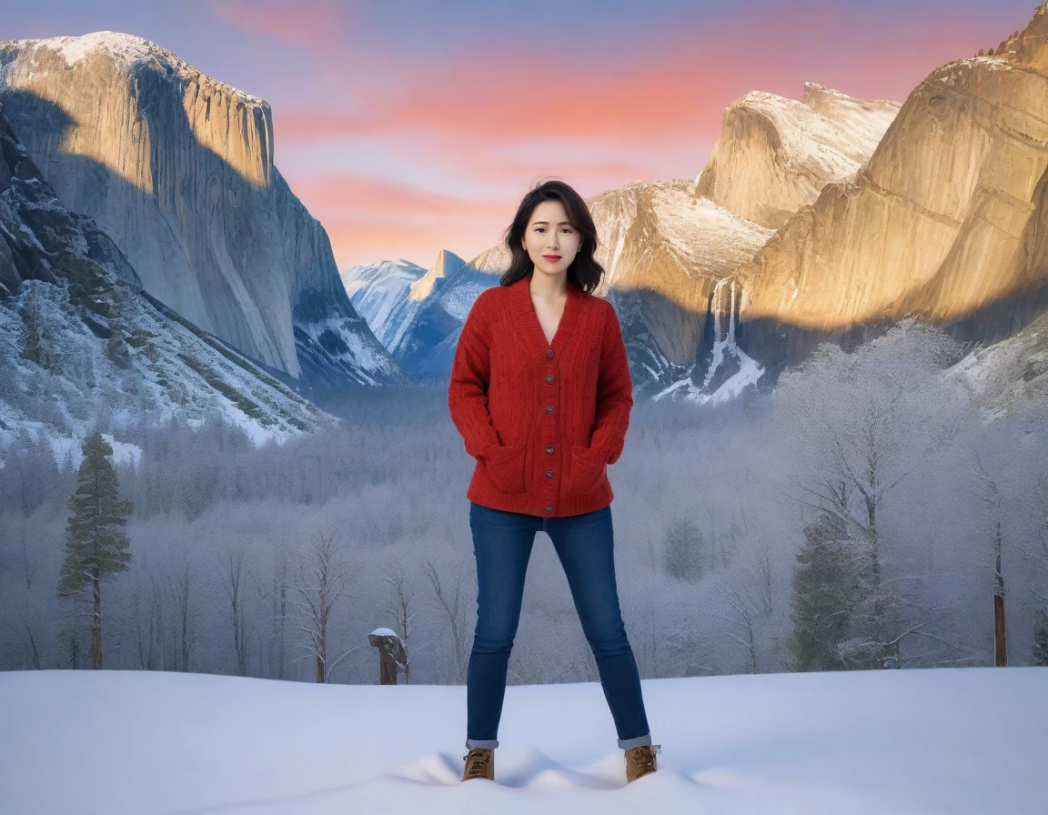 k Best picture quality, Beautiful 36-year-old Korean woman, short and good weather. Chest size 34 inches, Yosemite covered in snow, USA , Red sunrise scene, Picture quality that makes the background vivid and realistic, Short and medium hair blowing in the wind, Wearing comfortable travel clothes, jeans and a cardigan., Faint smile. The background is clear, Short and slim Korean woman, Standing in the distance, photographed with a wide-angle lens, full body shot