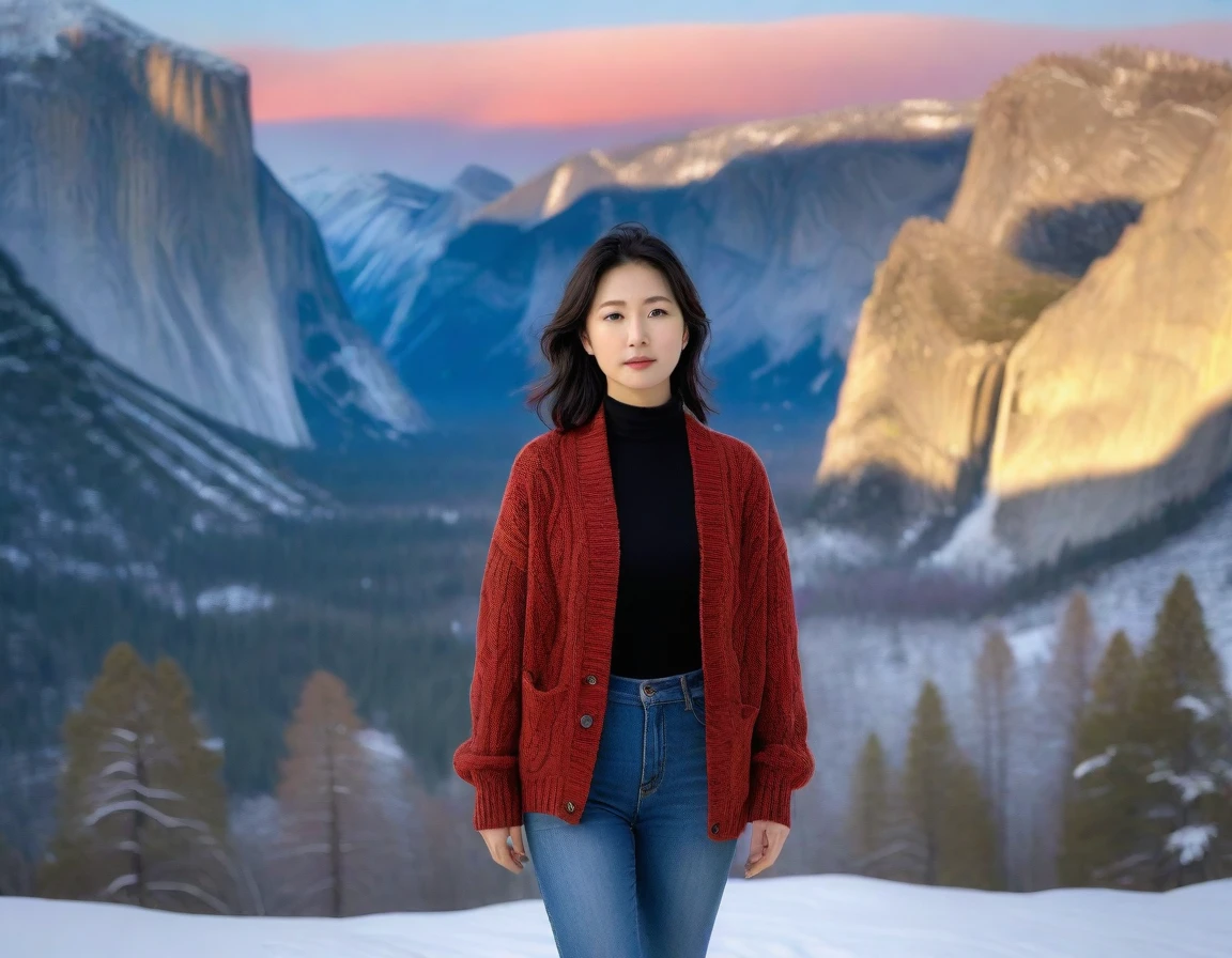 k Best picture quality, Beautiful 36-year-old Korean woman, short and good weather. Chest size 34 inches, Yosemite covered in snow, USA , Red sunrise scene, Picture quality that makes the background vivid and realistic, Short and medium hair blowing in the wind, Wearing comfortable travel clothes, jeans and a cardigan., Faint smile. The background is clear, Short and slim Korean woman, Standing in the distance, photographed with a wide-angle lens, full body shot