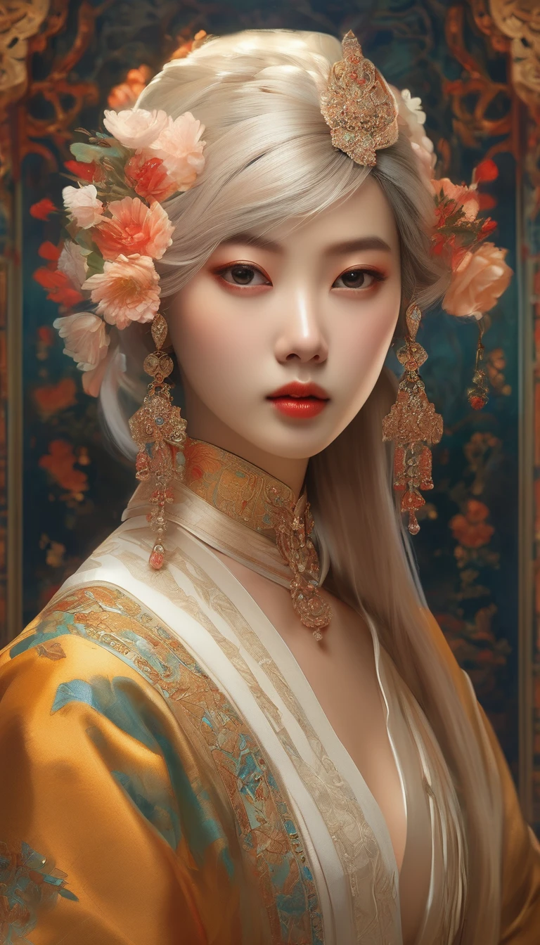 (masterpiece, best quality:1.2), Elegant girl, Striking pose, Exquisite detail features, Sharp eyes, Hooked nose, Sexy lips, Gorgeous clothing, Symmetrical composition, light, Dramatic chiaroscuro, Rich color palette, High contrast, The art of math, Reality，Xianxia