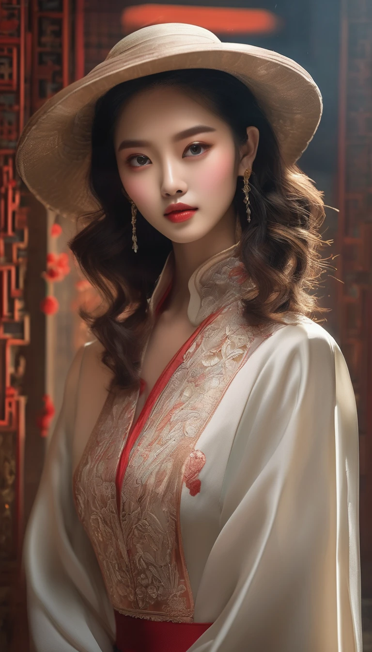 (masterpiece, best quality:1.2), Elegant girl, Striking pose, Exquisite detail features, Sharp eyes, Hooked nose, Sexy lips, Gorgeous clothing, Symmetrical composition, light, Dramatic chiaroscuro, Rich color palette, High contrast, The art of math, Reality，Xianxia