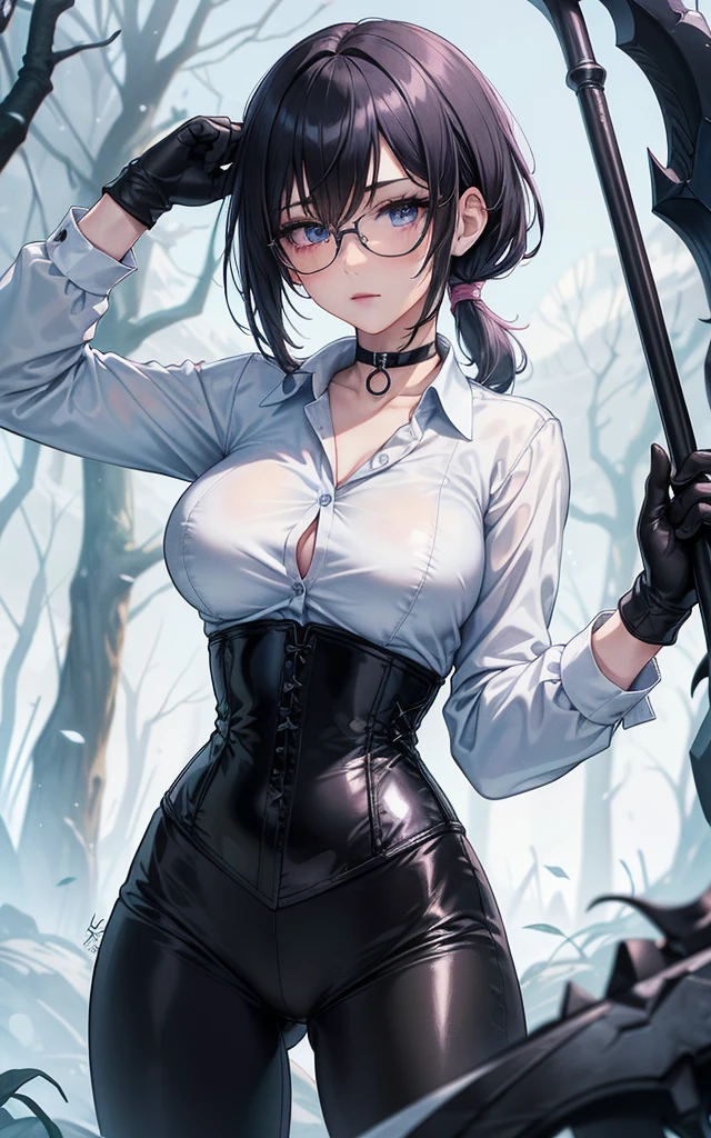 Masterpiece, Beautiful art, professional artist, 8k, art style by sciamano240, Very detailed face, Detailed clothing, detailed fabric, 1 girl, perfectly drawn body, fighting pose, beautiful face, Short ponytail hair, blue eyes, very detailed eyes, pink cheeks, shy expression, glasses, choker:1.6, (long sleeve white collar buttoned shirt), black gloves, gloves covering hands, (holding an ax in the right hand), (black leather corset), (shiny black leggings), sensual lips , evening de invierno, show details in the eyes, view from front, looking at the viewer, dark path, dark forest, evening, Atmosphere, fog