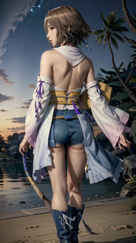 (masterpiece, Highest quality:1.3)
Yuna ff10, 1 Girl, alone, Looking at the audience, smile, short hair, blue eyes, skirt, Brown Hair, hair ornaments, jewelry, underwear, Green Eyes, Are standing, whole body, boots, Removed sleeve, kimono, good, Heterochromia iridis, in the same way, in the same way skirt, blue in the same way, purple in the same way, Yuna (ff10)、Back view、Looking back、Night view、lake、forest