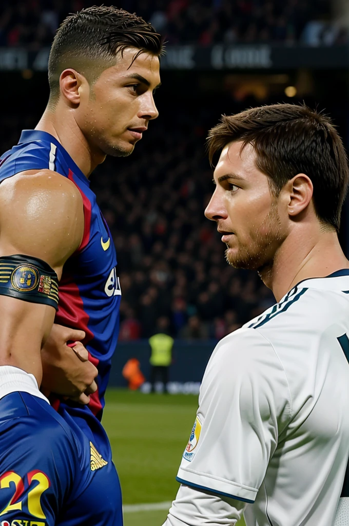 Ronaldo and Messi looking at each other side view