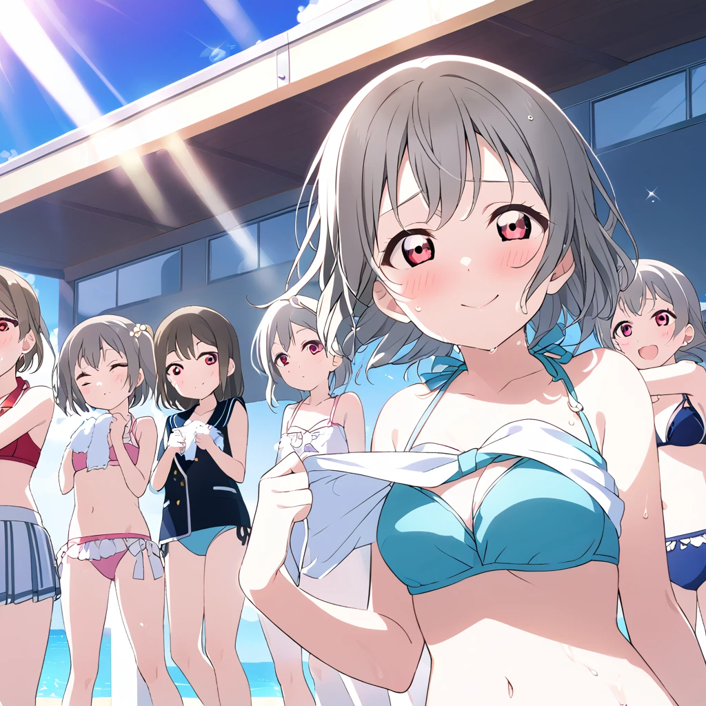 Kasumi Nakasu　Grey Hair　Very Short Hair　Red Eye　Light blue bikini　Beach　Wipe away sweat　Strong sunlight　sun　Sweaty　LoveLive　Nijigasaki Gakuen School Idol Club　smile　Straight Hair