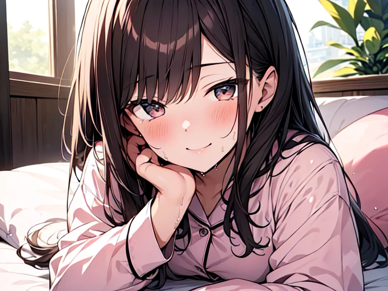 Highest quality, masterpiece, Ultra-high resolution, 8K,Show anime style , Soft line drawing, Digital Enhancement, shojo anime touch, shojo manga core, Flowing fabric, close, Soft Drawing, Ultra High Definition Digital Anime Art, Clear facial depiction, Highly detailed girl manga character art, Ultra-detailed manga style, Highest qualityの色,((( 1woman))),(短い茶色の髪のwoman), Wet Hair,Beautiful brown hair, Clear brown eyes, Slightly thicker,Small breasts,pajamas,((She is sleeping in bed with the covers over her)),I sleep in the bed with her, Her peaceful sleeping face,She wakes up,私 call out good morning,She covered herself with the blanket and lay face down.,She rested her cheek on the pillow and turned to face me.,((She smiled seductively)),(Focus on the face)