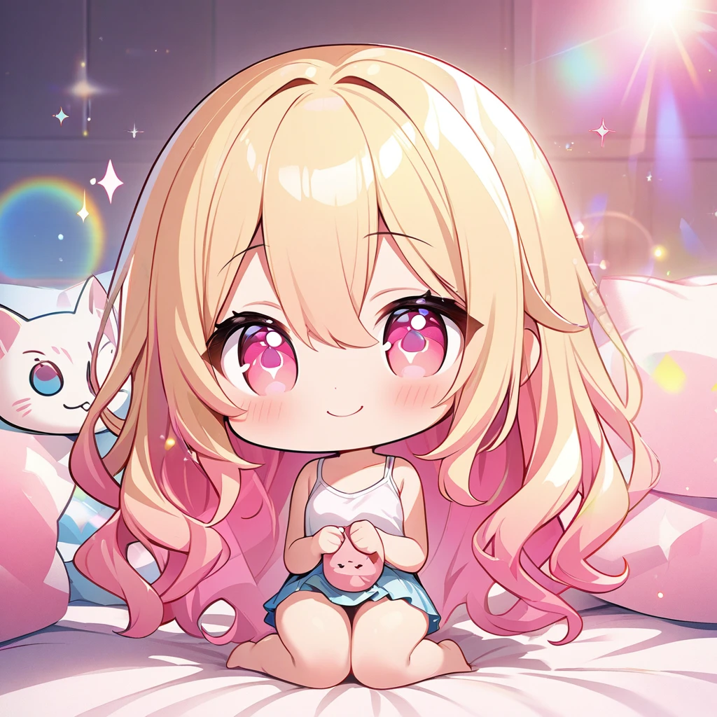 masterpiece, best quality, 4k、2D Illustration、one beautiful girl、solo、(((chibi style)))、((vivid colors))、cute chibi、lovely chibi、long beautiful hair, glossy blonde hair, hair between eyes, cute、beautifully detailed eyes、((tank top))、((miniskirt))、(colorful))、((happy smile))、sitting on bed、((full body shot))、((kitten))、((lots of pink stuff around.))、((bed))、sparkle、((lens flare))、