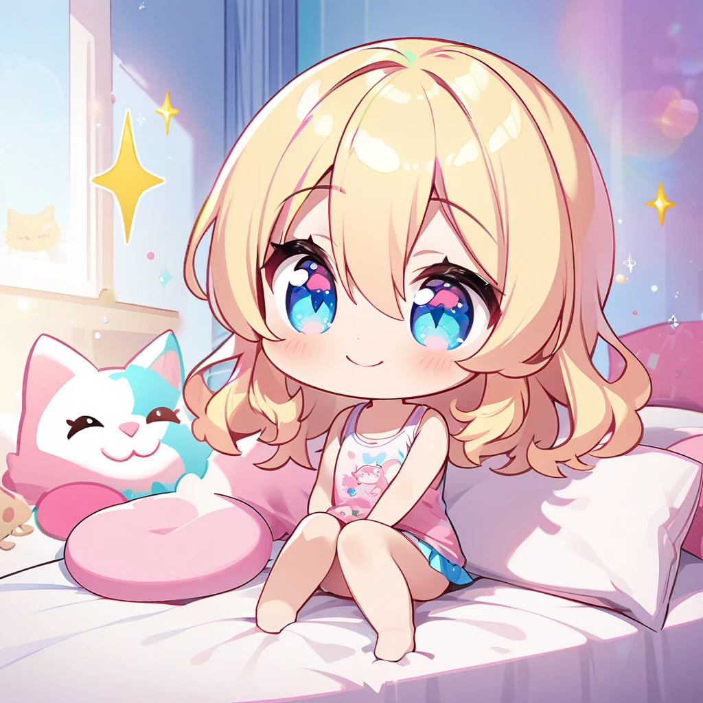 masterpiece, best quality, 4k、2D Illustration、one beautiful girl、solo、(((chibi style)))、((vivid colors))、cute chibi、lovely chibi、long beautiful hair, glossy blonde hair, hair between eyes, cute、beautifully detailed eyes、((tank top))、((miniskirt))、(colorful))、((happy smile))、sitting on bed、((full body shot))、((kitten))、((lots of pink stuff around.))、((bed))、sparkle、((lens flare))、
