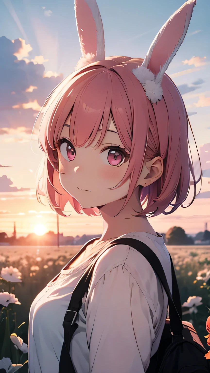 Standing in the field、Highest quality, pretty girl, pastel colour, Fluffy bunny ears, Pink short bob,Pale pink eyes,Age 25, , close, Portraiture, cloud, sunrise
