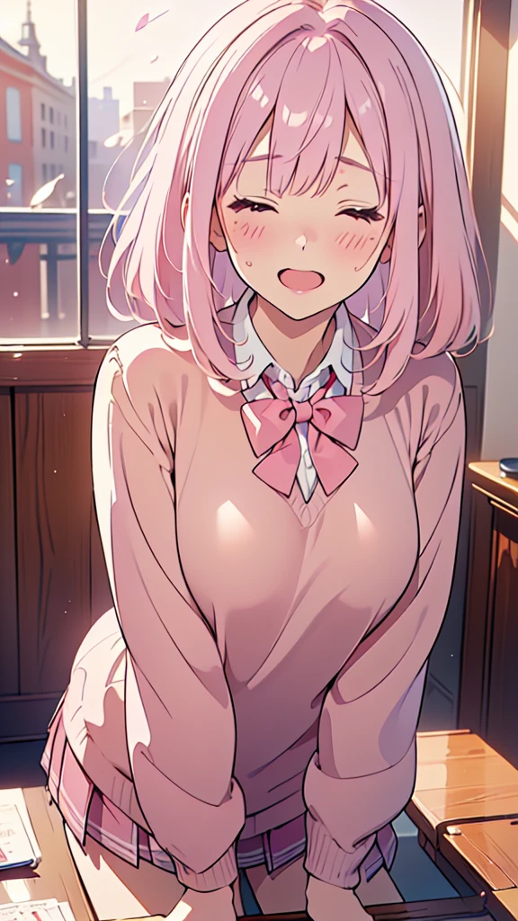 Nana That Deviloke, (pink eyes:1.5), pink hair,long hair,twin tails, tail, (flat chest:1.2), Sweat(Sweat white breath:1.5),Plaid green skirt,white shirt,short sleeve,destroy the interior, classroom, vagina,sex(NSFW:1.5),1boy penis top quality, High resolution, unity 8k wallpaper, (shape:0.8), perfect lighting,cg, (perfect hands, perfect anatomy),