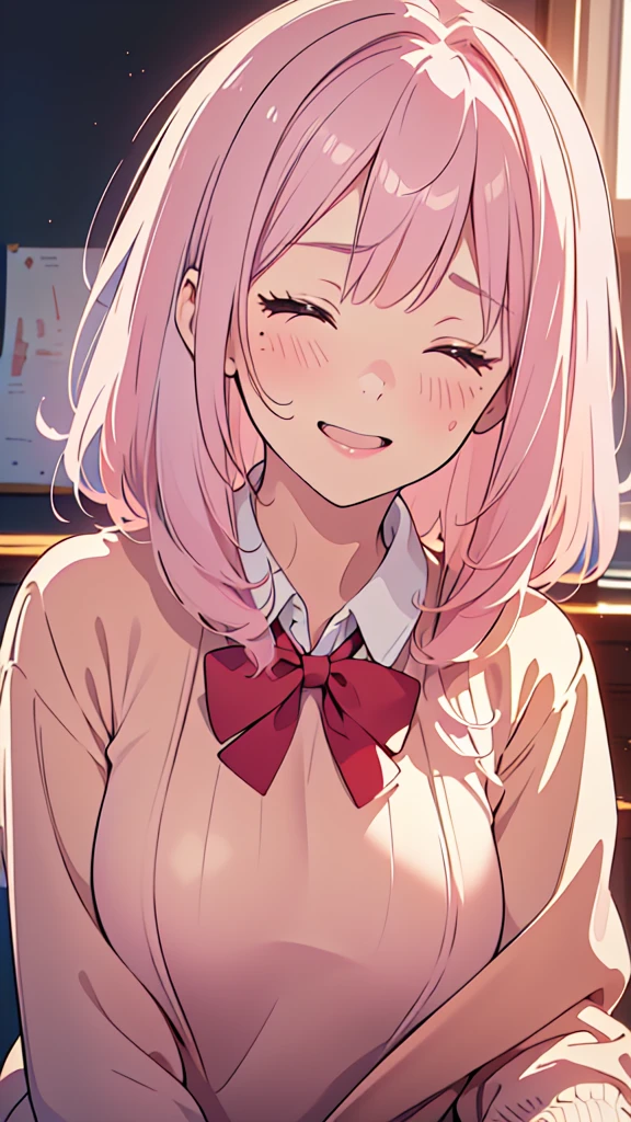8k,(High quality:1.4),(best quality:1.4),(masterpiece:1.4),(huge breasts:1),(beautiful face:1.3),(beautiful woman:1.3),(pale pink hair:1.4),medium hair,a mole around the mouth,(enjoy:1.6),(closed eyes:1),(laugh:1.2),(burst into laughter:1.4), (squinting:1.2)(school uniform:1.1),(beige sweater:1.2),(close-up:1.2),a red bow tie,(leaning forward:1.2)