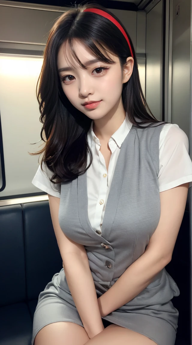 (((whole body,Includes legs)))、(((Office Lady、OL、Office Ladyー、A small smile,sexy、Grey tight vest)))、(((Horseshoe shaped hair band)))、sexy,formal ,High heels、Dress up、(Photo realistic:1.4)、(Surreal:1.4)、(Realistic:1.3)、 (Gentle lighting: 1.05)、(Improve the lighting quality of your videos:0.9)、32k、 One girl、25-year-old woman、Photorealistic Lighting、Backlight、Facial Light、Ray-tracing、(bright:1.2)、(Improvement of quality:1.4)、 (Highest quality real texture skins)、Beautiful Eyes,Delicate and elegant features、 (Tired, sleepy and satisfied : 0.0), Face close-up,Grey tight vest,tight gray blouse [Button gap :1.2],Very tight shirt ,((([See-through shirt:1.5]))), Grey pencil skirt ,(Improve your body line mood:1.1)、Shiny skin,Wavy Hair、Korean Idol、Nogizaka Idol、Sculptural idol pose、sexy,A small smile,blush,Beautiful actress、A proper woman,whole body, Large Breasts,(Perfect teeth alignment),narrow waist and hips,Beautiful long legs,(Full Shot)、((8 heads)、(((Tempting、Embarrassing)))、Random Dynamic Pause,(eye shadow),(Red cheeks、Red lips),(Very beautiful night view、at night)、blush,A small smile,(((Full Shot)))、(Spread your legs a little),(((On a crowded night train,Sitting)))