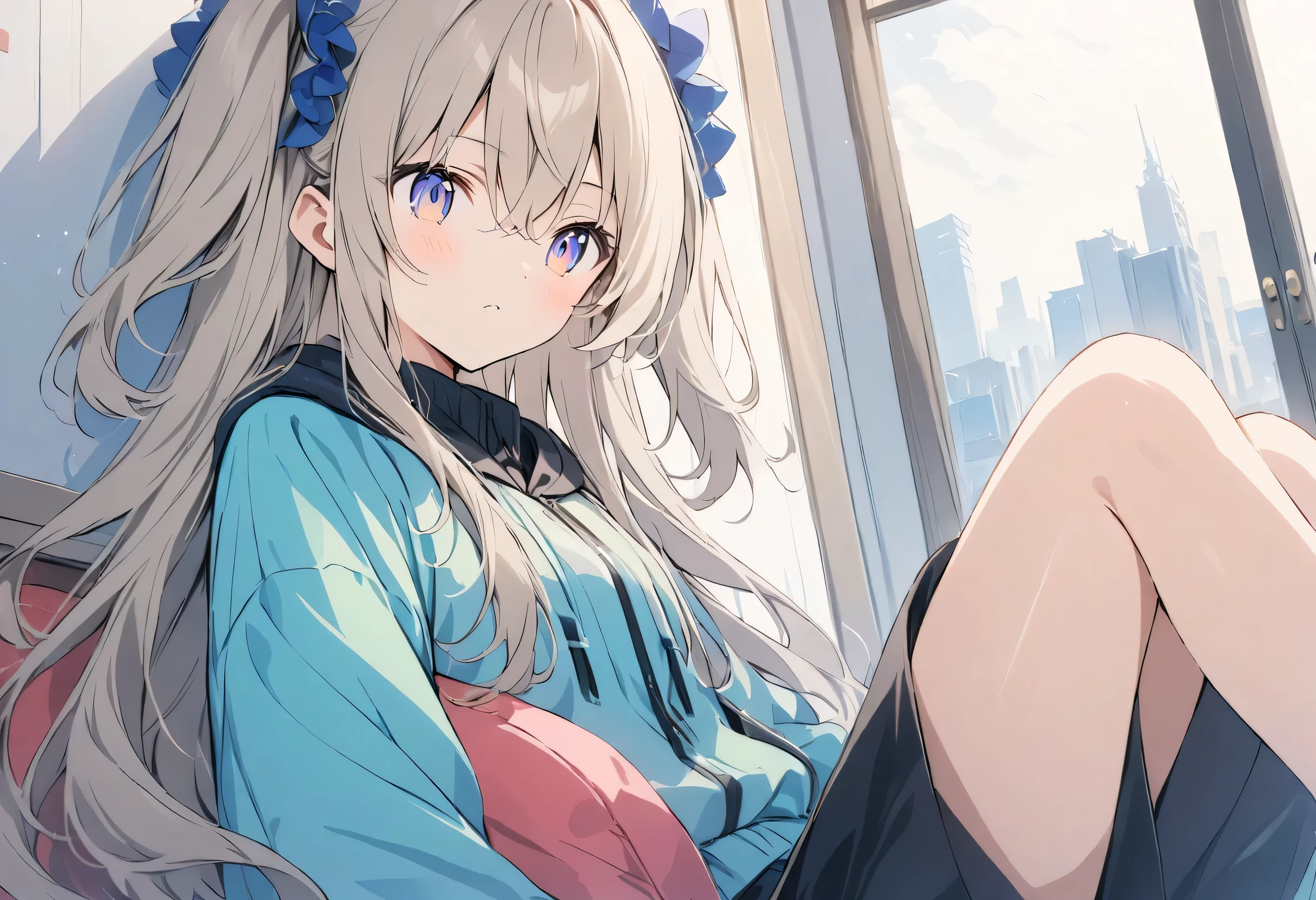 Anime Drawing,Golden Ratio,Very detailed、Very absurd、超High resolution, Attention to detail, high quality, High resolution, 最high quality, 4K, 8K,milky white hair, long hair, hair between eyes, wavy hair, extra-long sideburns, two side up,Girls playing games、Panic look、Sitting on the floor,One Girl,solo,Young girl、Colorful girls room,,Light brown hair