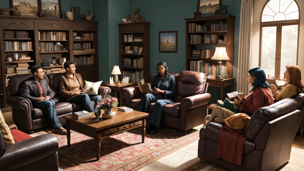 "Description: Depict a diverse group of people engaged in animated discussions about theological themes inspired by books, films, and television shows on the afterlife. Show them gathered in a cozy living room or around a coffee table adorned with books and media props, symbolizing the exchange of ideas and perspectives influenced by popular media.

Details: Use warm, inviting colors and comfortable furnishings to create a relaxed atmosphere conducive to conversation. Include props like movie posters, book covers, and open Bibles to signify the integration of media portrayals with traditional biblical teachings. Emphasize the diversity of viewpoints and the intellectual engagement sparked by media interpretations of the afterlife."