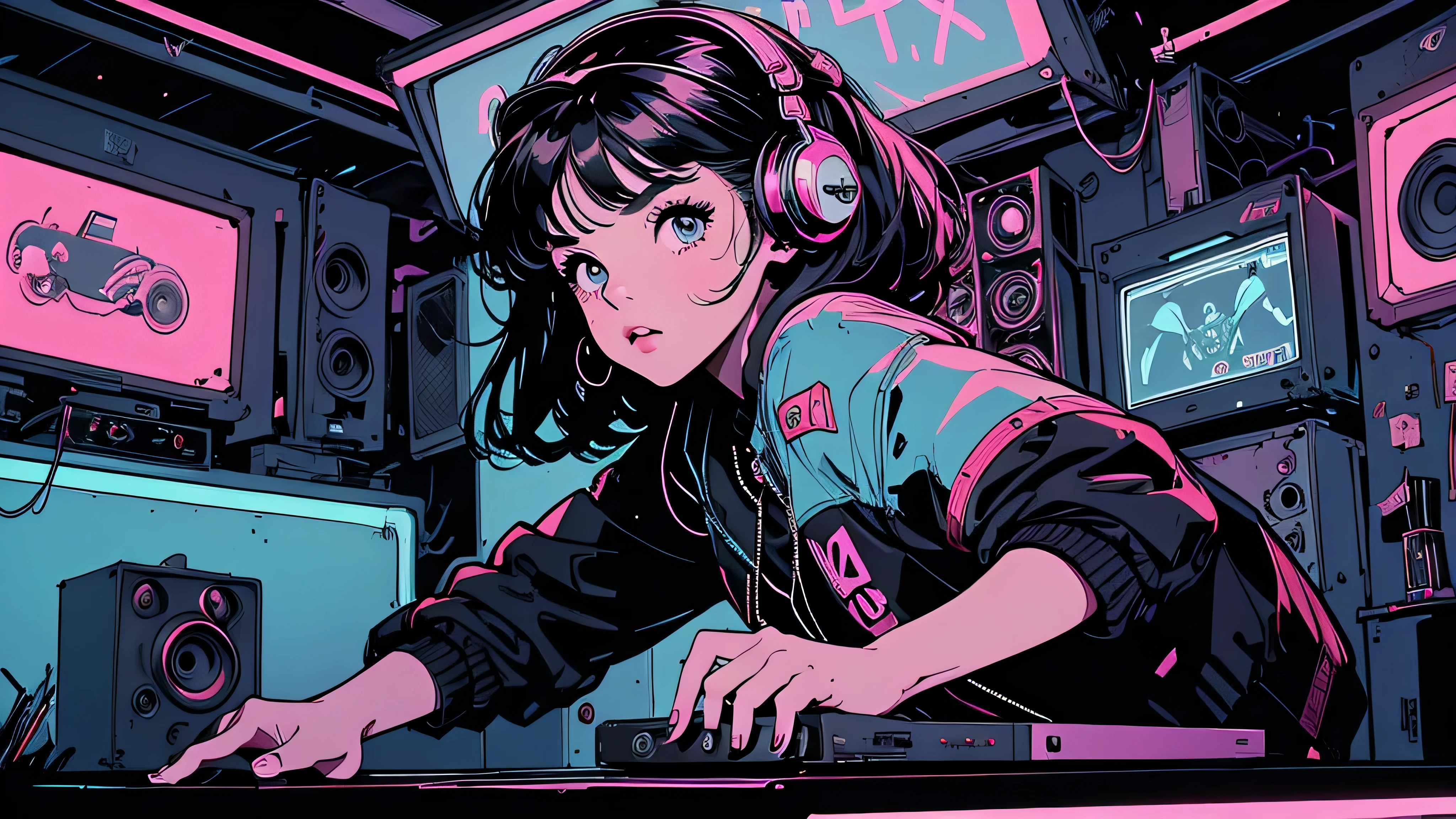 Battle DJ girl in HIPHOP fashion wearing DJ headphones,Front view , Turntablist, DJ Scratch, Two large LED-illuminated speakers on each side, Immerse yourself in a neon-lit environment, In front of her is a music mixer and a turntable.、A record is placed on the turntable,ターンテーブルはTechnics SL-1200MK7, JQBert,