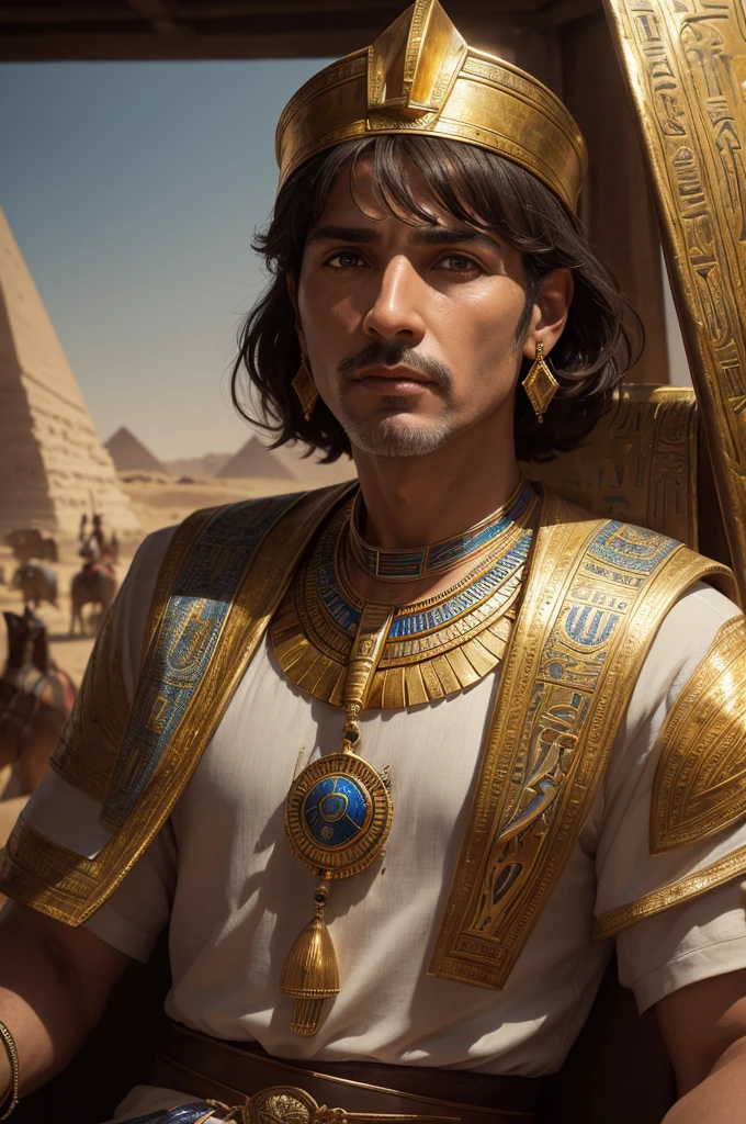 50 years old man, Hebrew Beauty, biblical story, Joseph of Egypt, very beautiful face, eyes browns , white egyptian clothes with blue details, gold necklace around the neck, sitting in an Egyptian chariot with two white horses, strolling through the Egyptian city. , without earrings, short-hair,  high detail, biblical story,: realistic epic, retrato cinematographic suave, Adobe Lightroom, photo laboratory, highy detailed, (light colors: 1,2), (hdr: 1,4) , (subdued colors:1.2), hyperdetailed, (art station:1.4), cinematographic, warm lights, dramatic light, (details Intricate:1.1), ancient egypt background , best qualityer,Masterpiece artwork.