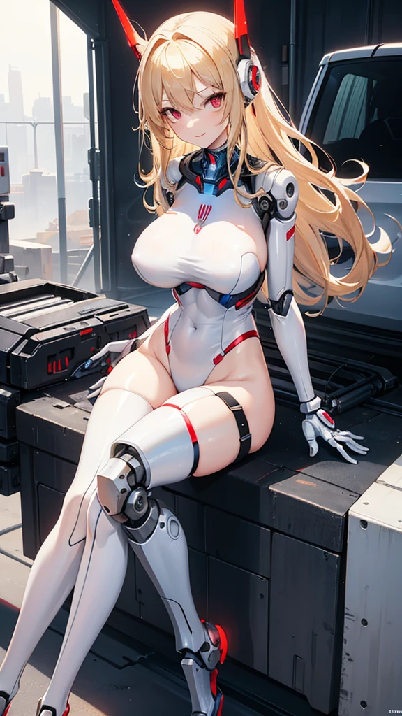 female, skinny, narrow waist, breasts, wavy blonde hair, red eyes, mechanical body, robot body, mechanical joints, robot, mechanical girl, huge breasts, perfect thighs, sitting, garage, white highleg leotard, cowboy shot, masterpiece, plastic skin, pale, headgear, smiling, robotic legs, synthetic, cyberpunk, crossed legs