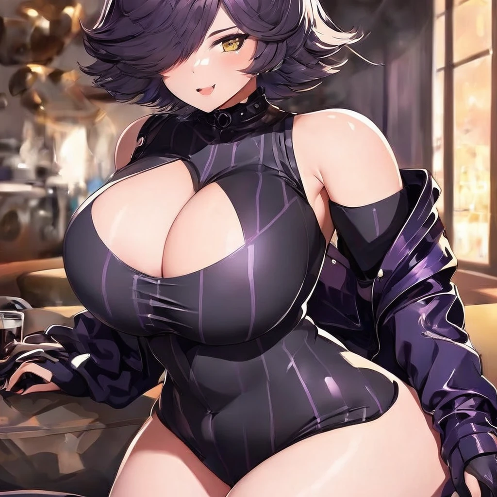 (masterpiece, best quality:1.2), 1girl, solo, karmavt, ((huge breast:1.5)), latex body suit, ((sadistic eyes:1.5)), best quality,  high detail, ((hyper thick waist)), ((nipple slipping)), ((hyper tits:1.5))