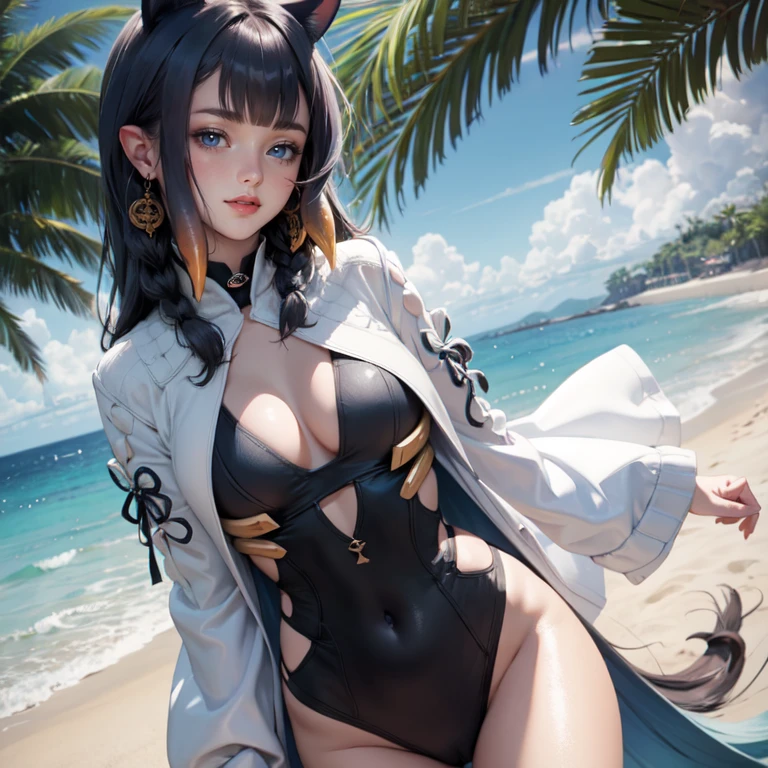 Ninomae Ina'nis, VTuber, 1 girl, ornament hair, swim suit, gloves, wave hair, medium hair, beach scene, sea on focus, white swim suit, cape, more details on her clothes, sea, night, smiling, ornament hair, long hair, palm trees, Looking at the viewer, flowing hair, Beautiful Eyes, Plump and glossy lips, white swim suit with too many frills, beach, beach scenery, sparkle, solo, centered girl, cowboy shot, perfectly body, perfectly hands, two arms, two legs, two hands, five fingers, perfect anatomy, glowing hair, cat ears, beach scene, upper body portrait